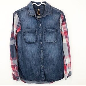 Seven7 Plaid and Denim Long Sleeve Shirt XS